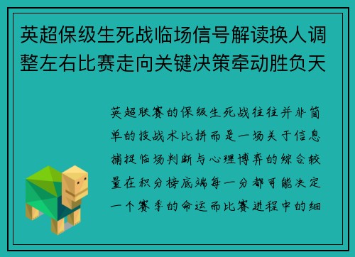 英超保级生死战临场信号解读换人调整左右比赛走向关键决策牵动胜负天平